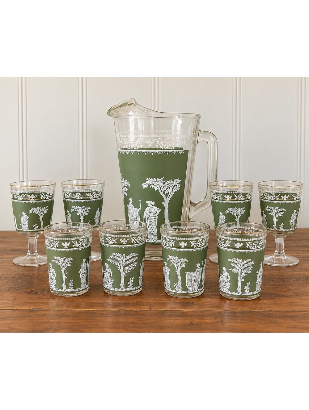 Vintage Jeannette Hellenic Green 9 Pc Glass Set Pitcher Juice Wine Goblets Greek